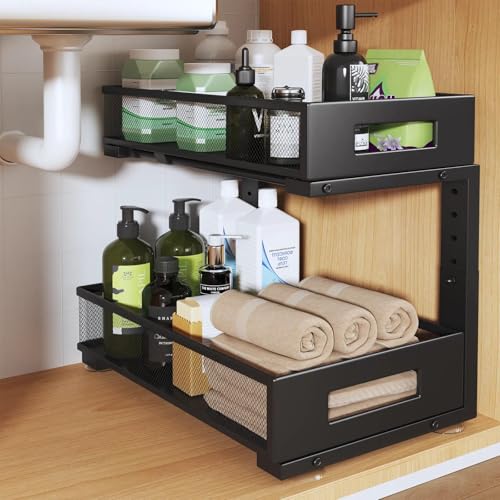 1 Pack 17IN Depth Under Sink Organizer, 2-Tier Pull Out Cabinet Organizer With Smooth Circular Rail, Large Capacity Metal Mesh Sliding Drawers For Bathroom& Kitchen Storage,Height Adjustable –Black - color: Black, size: 1 Pack-17"Dx11.6"-16.7" H