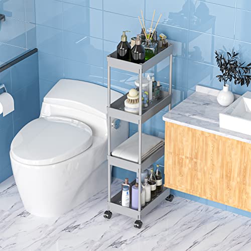 Sooyee 4 Tier Wide Storage Cart Mobile Shelving Unit Organizer Slide Out Storage Rolling Utility Cart Tower Rack for Kitchen Bathroom Laundry, Plastic & Stainless Steel,Grey - color: Gray, size: Wide