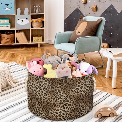 Pardick Leopard Cheetah Print Large Round Storage Basket Collapsible Circle Storage Bin Laundry Hamper With Handle for Kids Toy Blanket Clothes Towel Living Room Nursery Storage Organizer Decor - color: Print 15