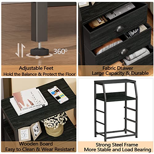 Furnulem Black Night Stand, Small Dresser for Bedroom, Nightstand with 3 Fabric Storage Drawers and 2-Tier Shelf, End Table Side Furniture for Closet, Hallway, Nursery, Sturdy Steel Frame, Wood Top - color: Black Oak, style: 3 Drawers