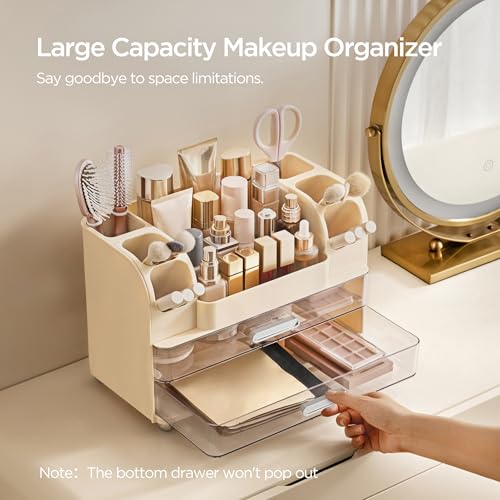 HBlife Makeup Organizer for Vanity with Brush Holder, Large Bathroom Countertop Cosmetic Organizer Skin Care Storage, Easy to Store Lipsticks, Nail Polishes, Perfumes, Eyeshadow Palettes, Beige - color: Beige
