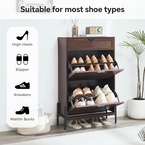 Shoe Cabinet Storage with 2 Flip Drawers, Narrow Hidden Shoes Organizer Cabinet for Entryway, Freestanding Slim Shoe Rack Front Door Entrance(Brown) - color: Brown, size: Medium