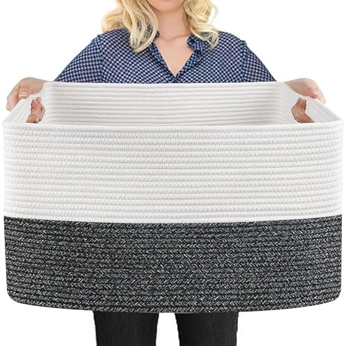 MEGASKET Extra Large Toy Box, 22" x 17" x 12" Rectangle Blanket Basket Living Room, Woven Cotton Rope Baskets for Storage, Soft Toy Storage Organizer Bin Chest, Kids Toy Box fo Living Room - color: White & Black Stripe