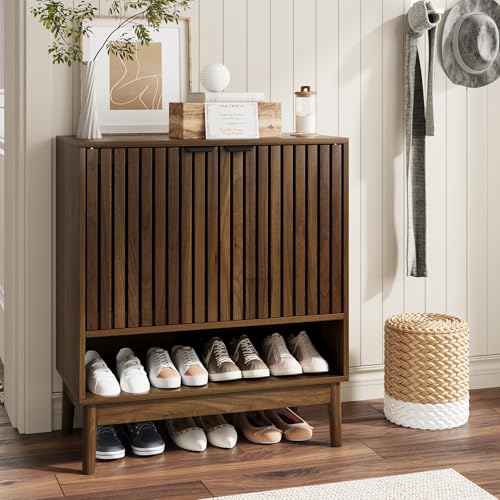 Kiasthome Shoe Storage Cabinet with Adjustable Shelves, Wooden Shoe Organizer, Shoes Rack for Entryway, Hallway, Living Room (Walnut, 27.56" W) - color: Walnut, size: 27.56" W