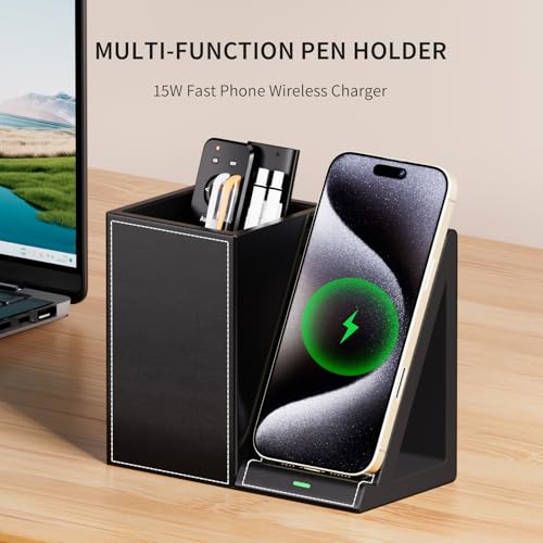 LADSTAG Pen Organizer with Phone Stand,Black Vegan Leather Desk Organizers with Remote Control Holder,Pencil Holder for Desk,Desk Organizer with Phone Charger for Office/Nightstand/Endtable - color: Black, size: S