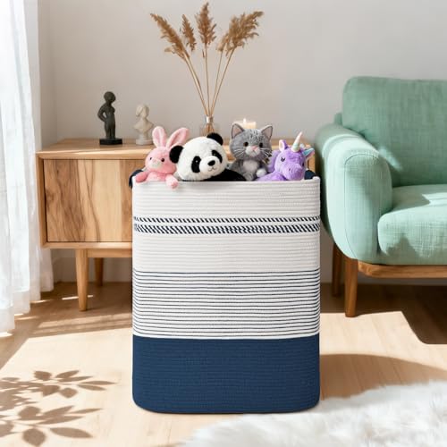Laundry Hamper, 85L Tall Laundry Basket with Leather Handles, Rectangle Large Clothes Hamper for Organizing, Cotton Woven Laundry Baskets Storage Hampers for Bedroom, Nursery, Living Room - color: Dark Blue & White, size: 85L