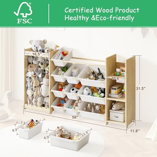 EXPERLAM 3-in-1 Toy Storage Organizer, Stuffed Animal Holder & 3-Tier Bookcase, Solid Wood Toy Organizer with 12 Storage Bins, Space-Saving Toy & Book Shelf for Kids Rooms, Bedroom, Playroom, White - color: White