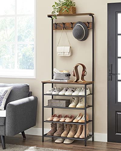 VASAGLE Hall Tree with Shoe Bench, Coat Rack Shoe Bench, 5-Tier Shoe Rack Different Heights, 5 Dual Hooks, Top Shelf, Entryway Organizer, Hallway Bedroom Dorm, Rustic Brown and Black UHSR412B01 - size: 26.8”W