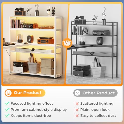 PRAISUN 57 Inch L Shaped Gaming Computer Desk with Larger Open Cabinet, Reverisble Office Desk with Power Outlets, LED Lights, Work Desk, Fabric Drawer, Adjustable Wood and Mesh Shelf, White - color: White