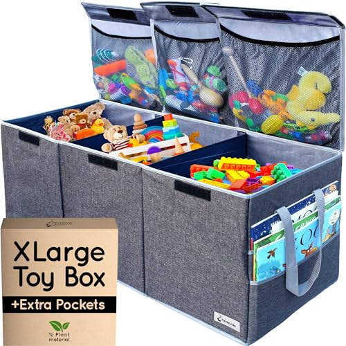 Extra Large Toy Box - Big Sturdy Collapsible Chest - Toy Storage Organizer with Pockets - for Living Room or Kids bedroom- 36 x 16 x 12 in - Grey - color: Grey