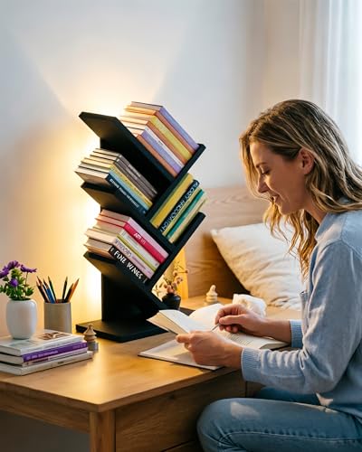 Godferyxin Tree Bookshelf with Liting,Small Bookshelf LED and Desktop Book Shelf Light for Office, Home or School Mini Bookcase for Wood Displaying Books, CDs, Magazines Wood Shelf Rack - color: 5tier-bookshelf Liting Black