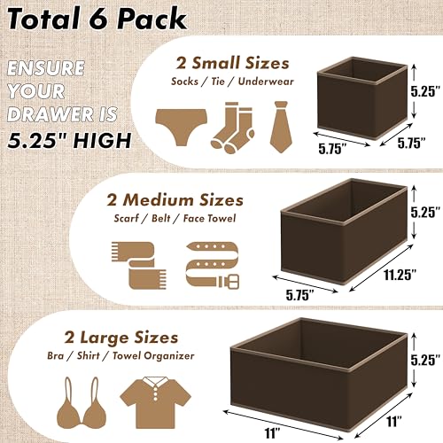 Simple Houseware Underwear Drawer Organizer for Lingerie/Undergarment/Bra/Panty/Sock/Onesie, Set of 6, Brown - color: Brown, size: Set of 6 - 2L / 2M / 2S