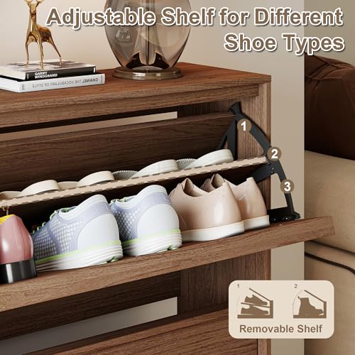 Shoe Cabinet with 2 Flip Drawers, Modern Narrow Shoe Storage Cabinet Organizer with Adjustable Shelf, Hidden Freestanding Shoe Rack for Entryway, Hallway, Living Room, Walnut - color: Walnut, size: 9.45"D x 31.5"W x 31.5"H(2 drawers)