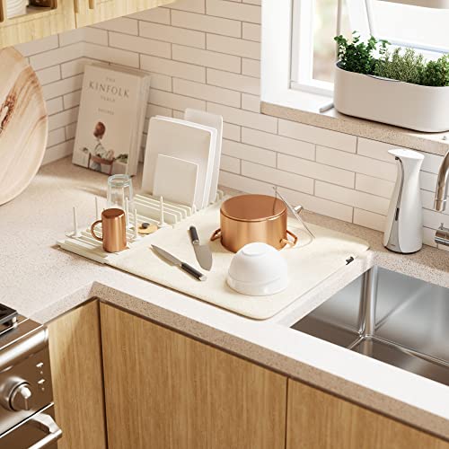 Umbra Udry Dish Rack with Movable Pegs and Microfiber Drying Mat – Space-Saving Design Folds Up for Easy Storage, Basic Rack, Linen - color: Linen, style: Rack with Pegs