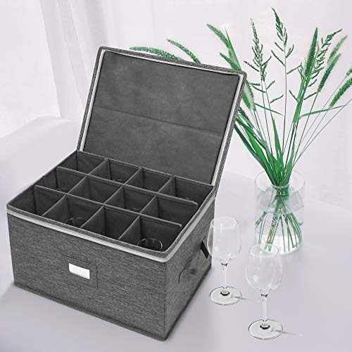 popoly Stemware Storage Containers (2 pack), Wine Glass Storage Box with Dividers for Glassware or Crystal, Holds 12 Red or White Wine Glasses, Hard Top and Stackable (Grey) - color: Grey 2PACK
