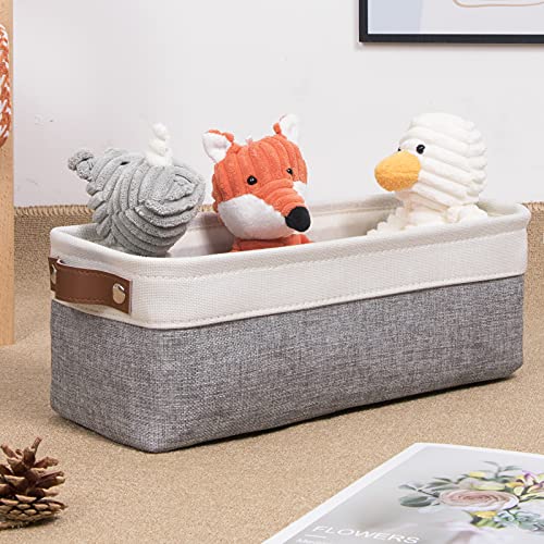 DULLEMELO Fabric Bathroom Storage Bin with Leather Handles, Narrow Organizer for Towels, Toilet Paper Rolls, Storage Basket for Back of Toilet, Vanities, Shelves & Cabinets (White&Gray) - color: White&Gray, size: Narrow-15"x6"x5.5"