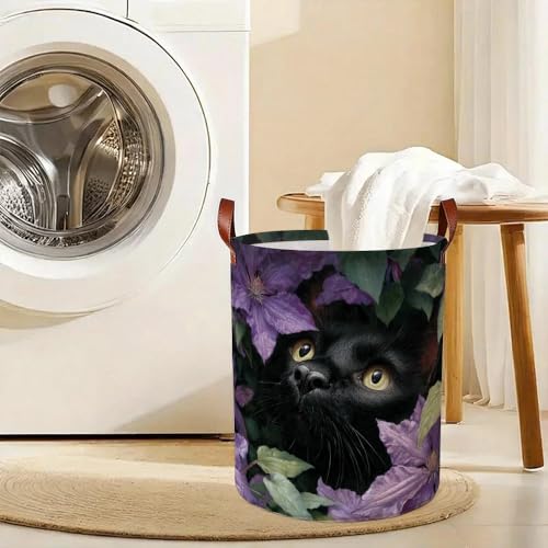 Cat Laundry Basket with Dark Botanical Art, Funky Collapsible Oxford Cloth Hamper for Kids Room, Colorful Floral Storage Bin for Spring Decor (15.75x15.75x19.7") - color: Colorful592