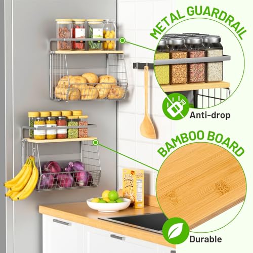 Ofiray-home Magnetic Fridge Shelf with Wood Lid, Fruit Potato Onion Storage Bins, Pantry Organizers, Large Container Spice Rack for Refrigerator, Kitchen Counter, Cabinet (2, Silver) - color: Silver-gray, size: 2-Regular