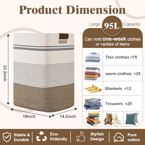 Laundry Hamper, 95L Tall Laundry Basket with Leather Handles, Rectangle Large Clothes Hamper for Organizing, Cotton Woven Laundry Baskets Storage Hampers for Bedroom, Nursery, Living Room - color: Rice Brown & White, size: 95L