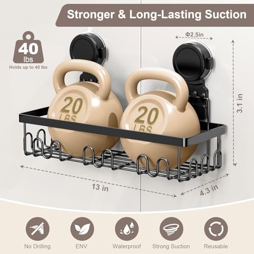 JOTPE Shower Caddy Suction Cup, Powerful Suction Storage Shelf Holds Up to 40 lbs, No Drilling Bathroom Organizer with Large Capacity, Removable & Reusable Shower Basket with Hooks, Rustproof, Black - color: black, size: Size: 1 x Medium