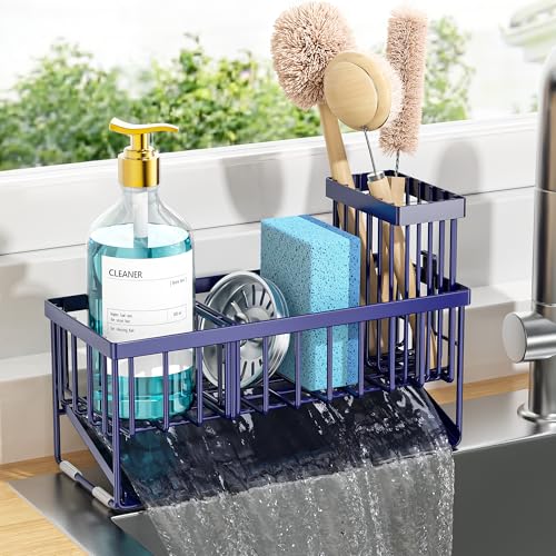 Cisily Navy Blue Sink Caddy Organzier with High Brush Holder, Sponge Holder for Sink, 304 Rustproof Stainless, Kitchen Countertop Soap Dispenser Organizer, Gray Blue Kitchen Decor and Accessories - color: Navy Blue, size: 9.25″