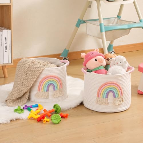 INough Toy Storage Baskets Woven Cotton Rope Storage Basket with Rainbow Decor for Kids, Blanket Baskets for Living Room Toys Organizer Rainbow Baby Gifts Basket with Handle for Girls Nursery Playroom - color: Multicolored
