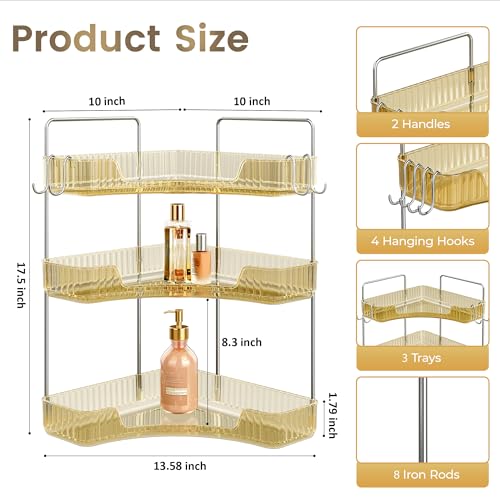 Golden 3-Tier Corner Bathroom Organizer, Countertop Storage Shelf with Hooks | Makeup & Skincare Organizer for Bathroom Sink and Vanity Counter - color: Gold, size: 3 Tier