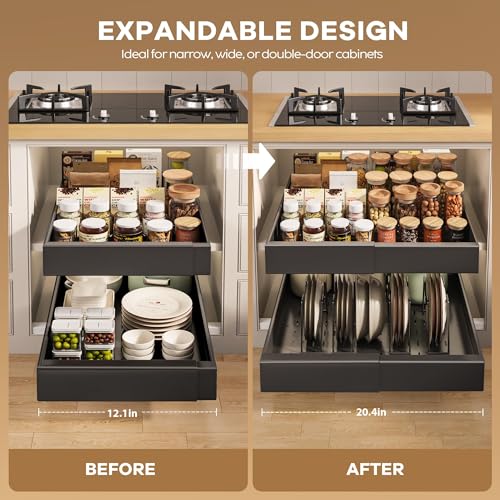 Seinloes 6 Pack Pull out Cabinet Organizer 21"Deep with Raising Pad for Framed Cabinets, Expandable Slide out Drawers for Kitchen Cabinets with 6pcs Divider Racks, Roll out Shelves 12.1"-20.4" W Black - color: Black, size: 12.1"-20.4"W x 21"D(6Pack)