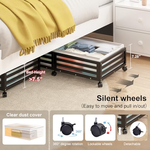 Under Bed Storage Containers With Wheels - 2 Pcs Large Bamboo Wood Rolling Underbed Shoe Storage Bins With Dust Bags for Clothes Blankets, Duvet Covers Snacks Toys (Black) - color: Black, size: L