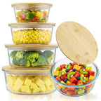 Blushtier 4 Pack 44/32/ 21/14 oz Borosilicate Glass Food Containers with Bamboo Lids, Stackable Glass Bowls for Meal Prep & Lunch, Microwave, Freezer and Dishwasher Safe - size: 44/ 32/ 21/ 14 oz