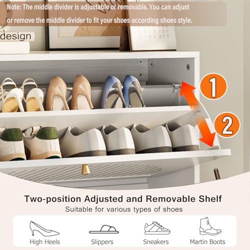 Fsbecl Shoe Storage Cabinet for Entryway with 2 Flip Drawers, Narrow Wood Shoe Cabinet with Fluted Panel, Freestanding Hidden Shoe Organizer for Foyer, Hallway (White - with Shelf) - color: White - With Shelf