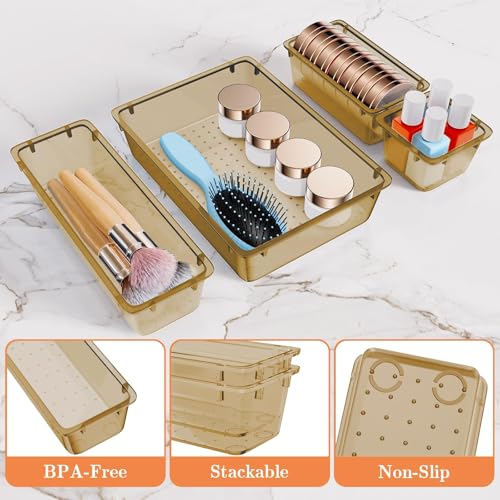 SpaceHacks 25 PCS Plastic Drawer Organizer Set, 4-Size Versatile Organizer Trays & Storage Bins for Makeup, Jewelry, and Gadgets in Bathroom, Bedroom and Office,Champagne - color: Champagne