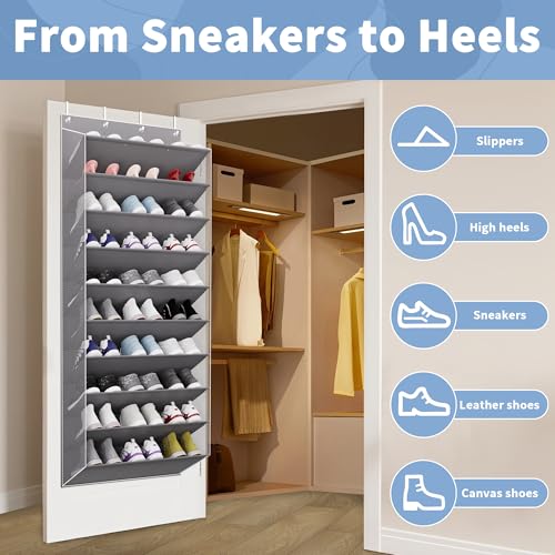 TAHAVICE 30 Pairs Over The Door Shoe Organizer, 10-Tier Hanging Shoe Rack with Deep Pocket for Closet, Extra Large Shoe Storage Holder for Sneakers, Boots, Heels(Grey) - color: A-grey