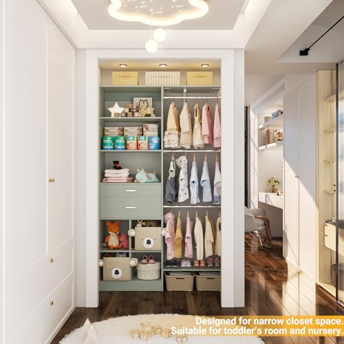 Small Closet System - 5FT Closet Organizer System with Wooden Drawers, 60 Inches Walk In Closet System With 5 Hanging Rods, Can Fit 1.58 to 6.8 FT with Reversible Hanging Shelving, Crab Green - color: Crab Green, size: 5FT