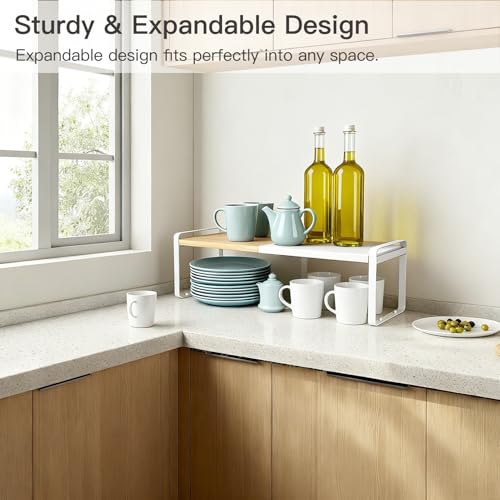Expandable Cabinet Shelf Organizer & Spice Rack, Stackable Kitchen Counter Shelf with Anti-Slip Legs, Bamboo Cupboard Storage Riser for Dish, Plate & Canned Food (White)