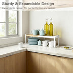 Expandable Cabinet Shelf Organizer & Spice Rack, Stackable Kitchen Counter Shelf with Anti-Slip Legs, Bamboo Cupboard Storage Riser for Dish, Plate & Canned Food (White)