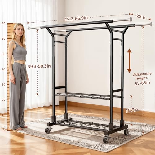 Luxspire Heavy Duty Clothes Rack Load 650 LBS, Double Rod Clothing Racks for Hanging Clothes, Rolling Garment Racks with Lockable Wheels, Shelves, Adjustable Laundry Hanging Rack, Black - color: Black