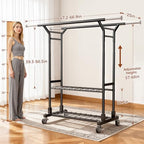 Luxspire Heavy Duty Clothes Rack Load 650 LBS, Double Rod Clothing Racks for Hanging Clothes, Rolling Garment Racks with Lockable Wheels, Shelves, Adjustable Laundry Hanging Rack, Black - color: Black