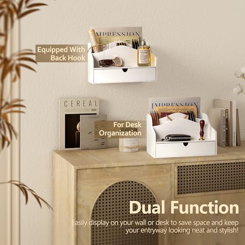 Rebee Vision Pine Wood Mail Organizer for Desk - Charming Farmhouse Countertop Mail Sorter for Office & Home Decor - Wooden Desk Organizer with Drawer for Letters, Files & Magazines(White) - color: A-White