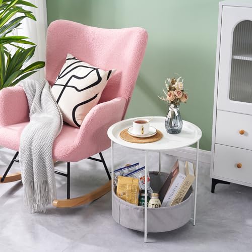 VECELO Round Side/End Table with Fabric Storage Basket，Metal Anti-Rust and Waterproof Small Bedside Nightstand with Removable Tray Top for Living Room，Balcony & Laundry，Beige/2pcs with Basket - color: Beige, size: 2 PCS with Basket