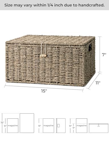 StorageWorks Seagrass Wicker Baskets for Organizing, Large Wicker Basket with Lid, Decorative Basket with Built-in Handles, Storage Baskets for Shelves, 1 Pack - color: Natural(Seagrass), size: 15"L × 11"W × 7"H