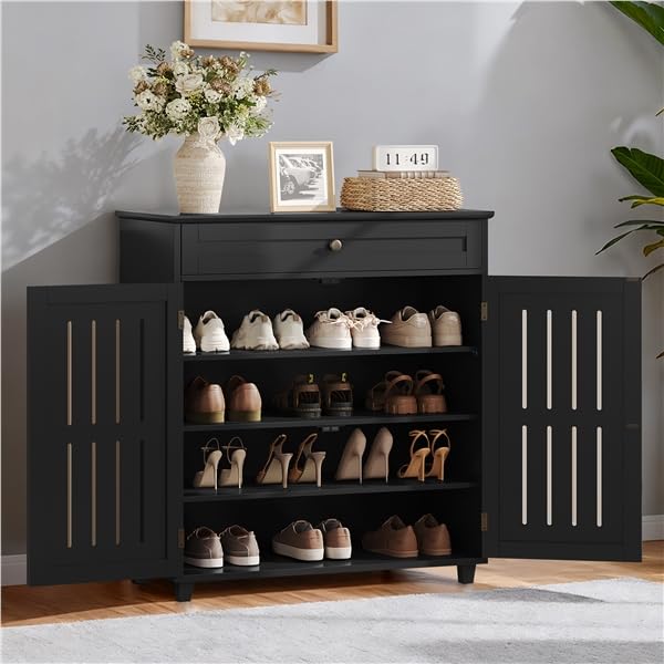 Yaheetech Shoe Cabinet, 4-Tier Shoe Storage Cabinet with Drawer & Adjustable Shelves, Shoe Rack Cabinet for Entryway, Hallway, Living Room, Black - color: Black, size: 31 x 15 x 34’’