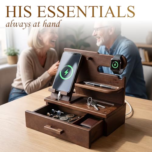 TESLYAR Wood Phone Docking Station with Drawer - Nightstand Organizer - Desk Organizer for Husband - Birthday Gifts for Men, Dad, Anniversary Idea, Key Holder Stand Watch & Accessories (Bourbon Brown) - color: Bourbon Brown