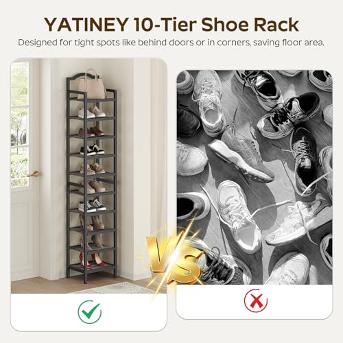 YATINEY 10-Tier Tall Shoe Rack, Vertical Shoe Organizer for Small Spaces, Wooden Shoe Shelf for Entryway, Space Saving Shoe Storage, Holds 10 Pairs of Shoes, Charcoal Gray and Black SS50BC - color: Charcoal + Black, size: 11" x 11" x 72"