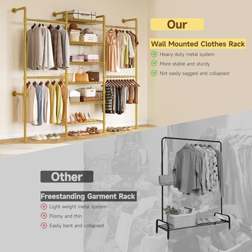 ONBRILL H3 Wall Mounted Closet System, Expandable Industrial Pipe Clothes Rack Clothing Rack for Hanging Clothes, Heavy Duty Closet Organizers and Storage in Wardrobe Closet, Gold - color: Gold
