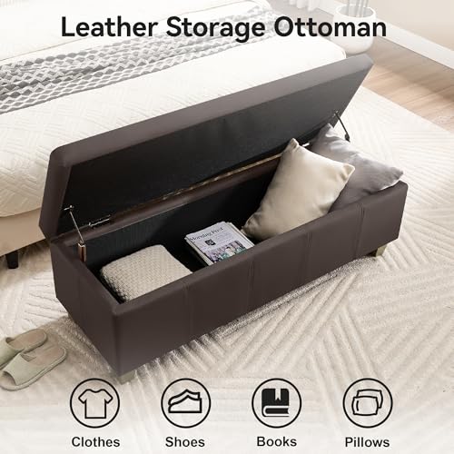 WUTUTUEE 41" Faux Leather Storage Ottoman, Stitch Tufted Rectangle Upholstered End of Bed Storage Bench, Entryway Large Couch Ottoman with Wooden Legs,Brown - color: Brown, size: 41 Inch