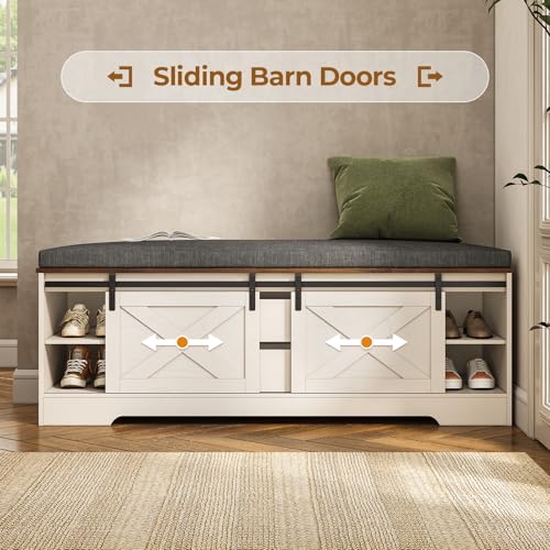 UPOSOJA 60“ Farmhouse Storage Bench with Cushion, Shoe Rack with Slide Barn Doors, Adjustable Shelf and 2 Drawer for Entry, Bedroom, Closet, Living Room, Hallway (White Brown, 60 in)