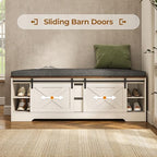UPOSOJA 60“ Farmhouse Storage Bench with Cushion, Shoe Rack with Slide Barn Doors, Adjustable Shelf and 2 Drawer for Entry, Bedroom, Closet, Living Room, Hallway (White Brown, 60 in)