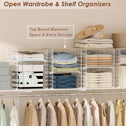 4-Tier Stackable Closet Organizers and Storage, Adjustable Dividers & Wood Top Storage Shelves for Clothes, Wardrobe & Closet Storage Basket Bins/Cube, Space-Saving Closet Organizer System, White