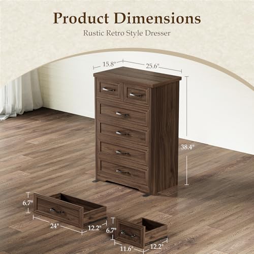 AODK Farmhouse Tall 6 Drawer Dresser for Bedroom, 5-Tier Vertical Storage Chest with Mixed Drawers, Engineered Wood Frame with Anti-Tip Safety, American Country Furniture, Walnut - color: Walnut, size: 15.7"D x 26"W x 38.2"H (6 Drawers)